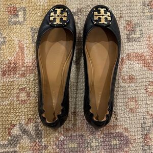 Tory Burch Black Flats with Gold Logo